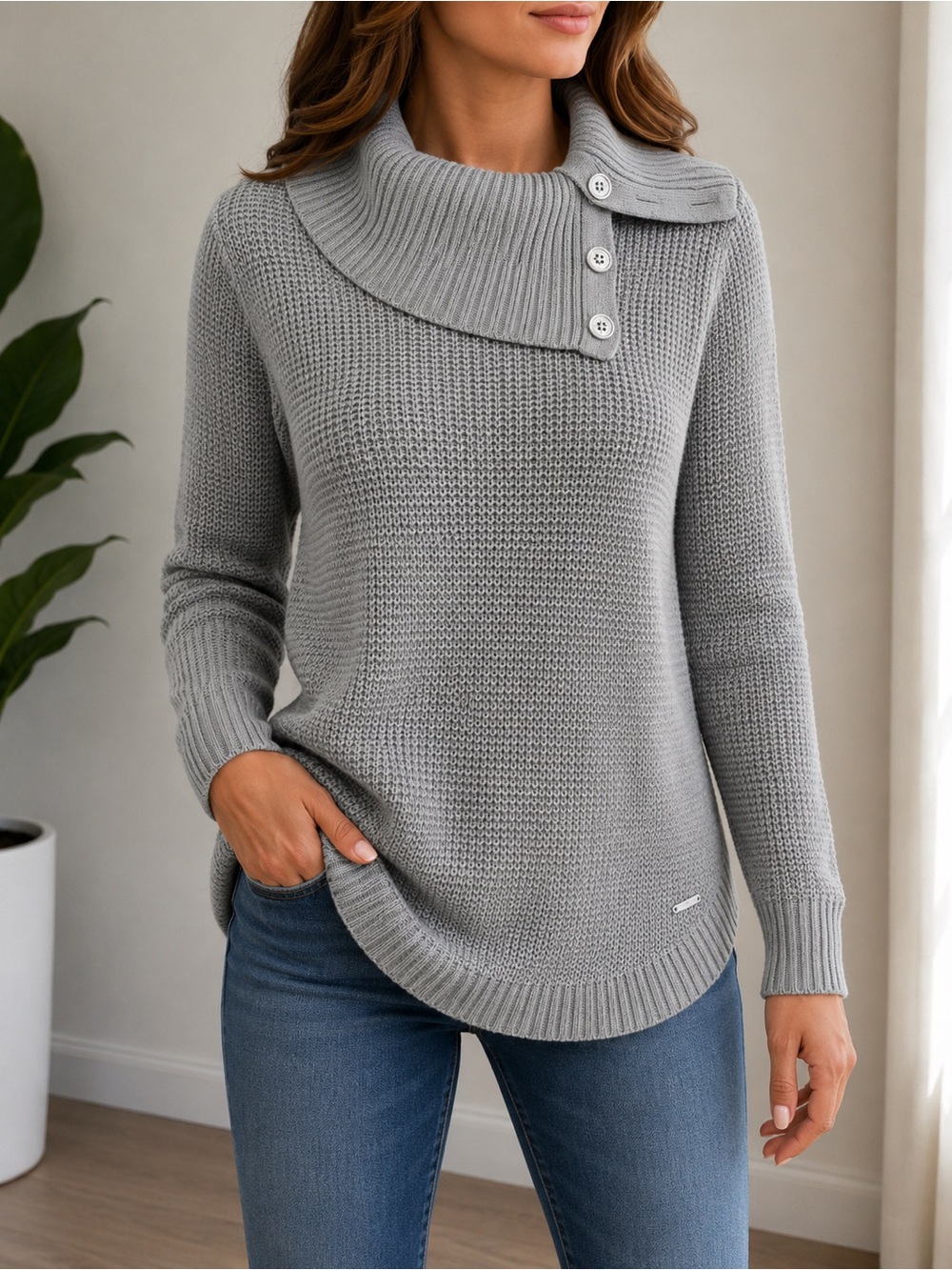 Calvin Klein Gray Cowl Neck Button Sweater Tunic NWT M